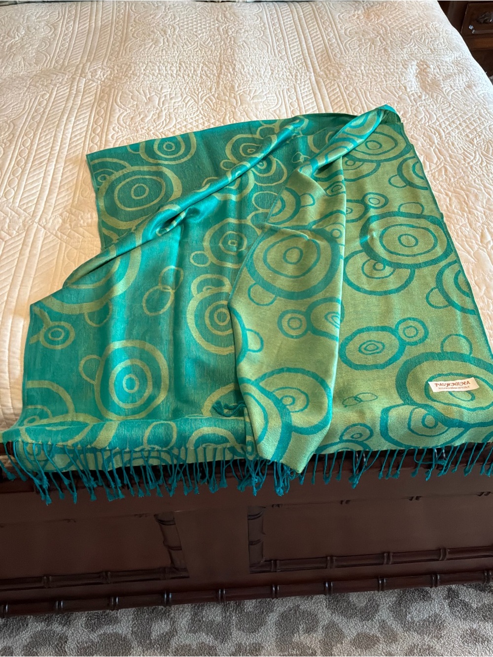 Pashmina and silk Turquoise & Lime Circular-Print Wrap